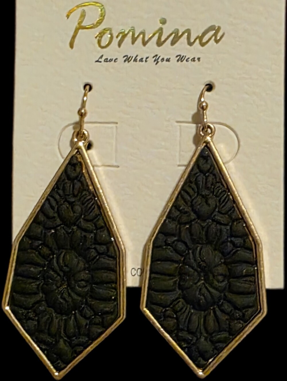 Pomina Black Floral Textured Geometric Drop Earrings w/Gold Trim